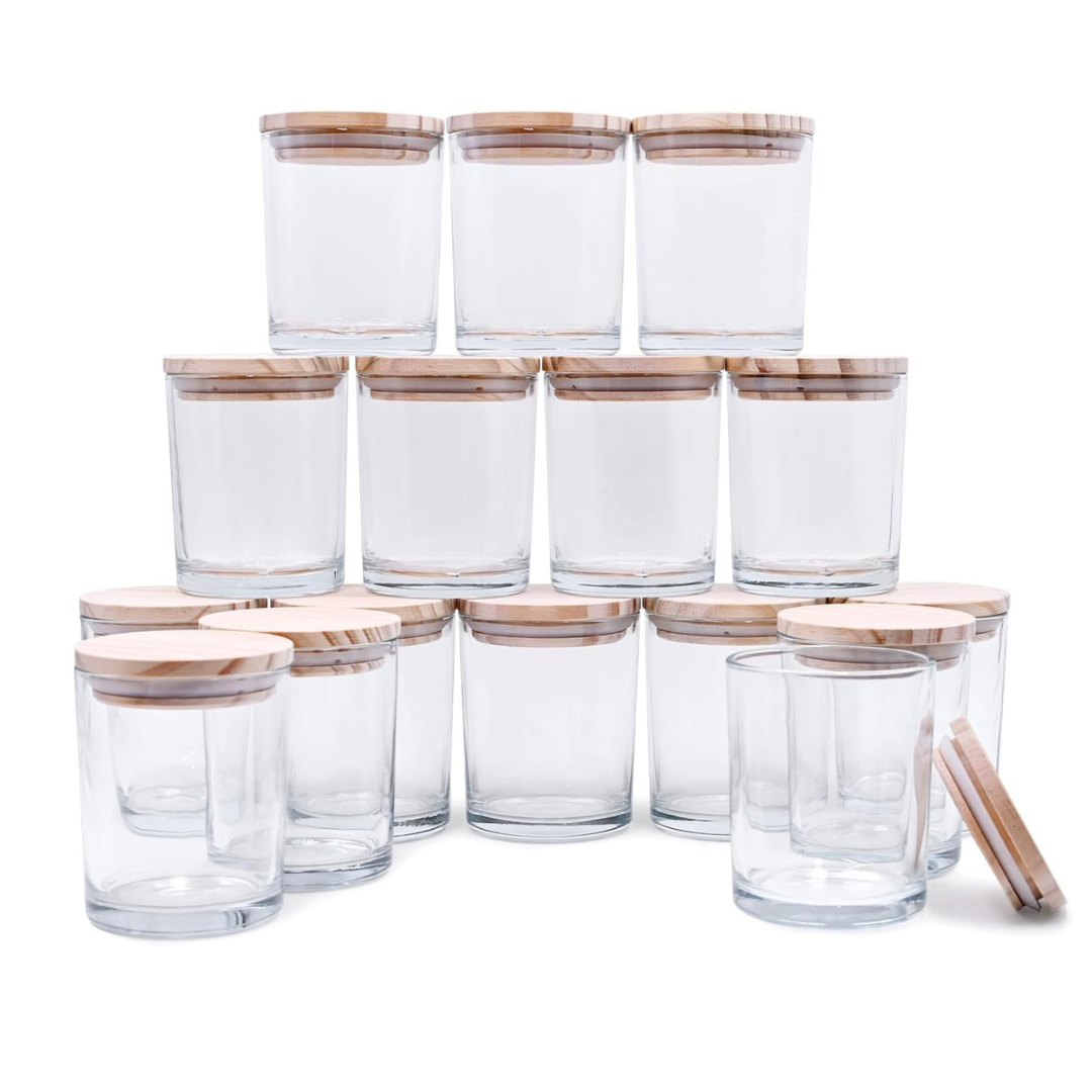 Straight sided Jars with Bamboo lids for Candle Making Set of 12 (7.5 ounce)